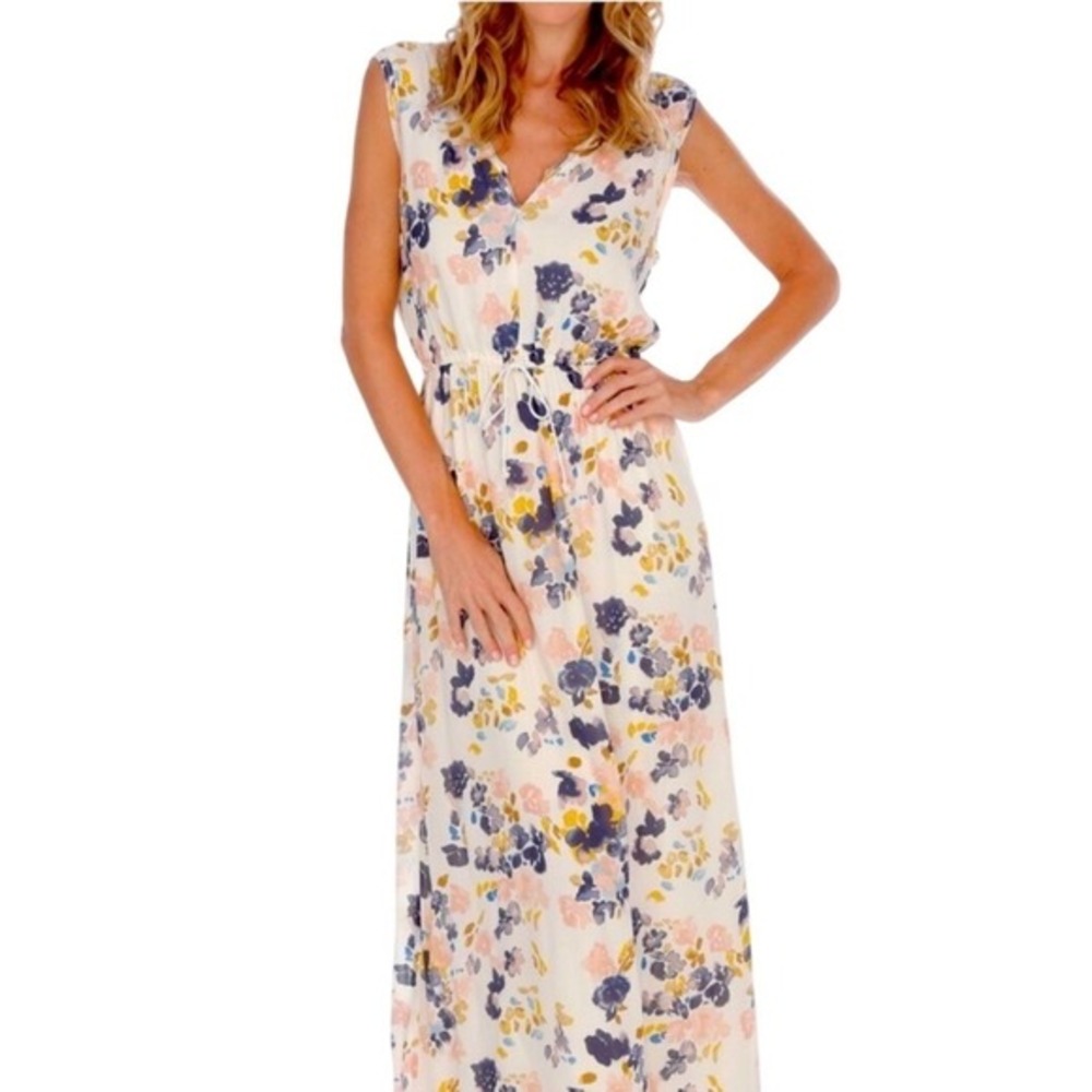 Lucky Brand Floral‎ Maxi Dress Sleeveless V-Neck Drawstring Waist Large Resort